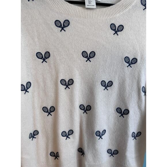 Rachel Zoe Tennis Embroidered 2 Ply White Cashmere Crewneck Sweater - Picture 3 of 5